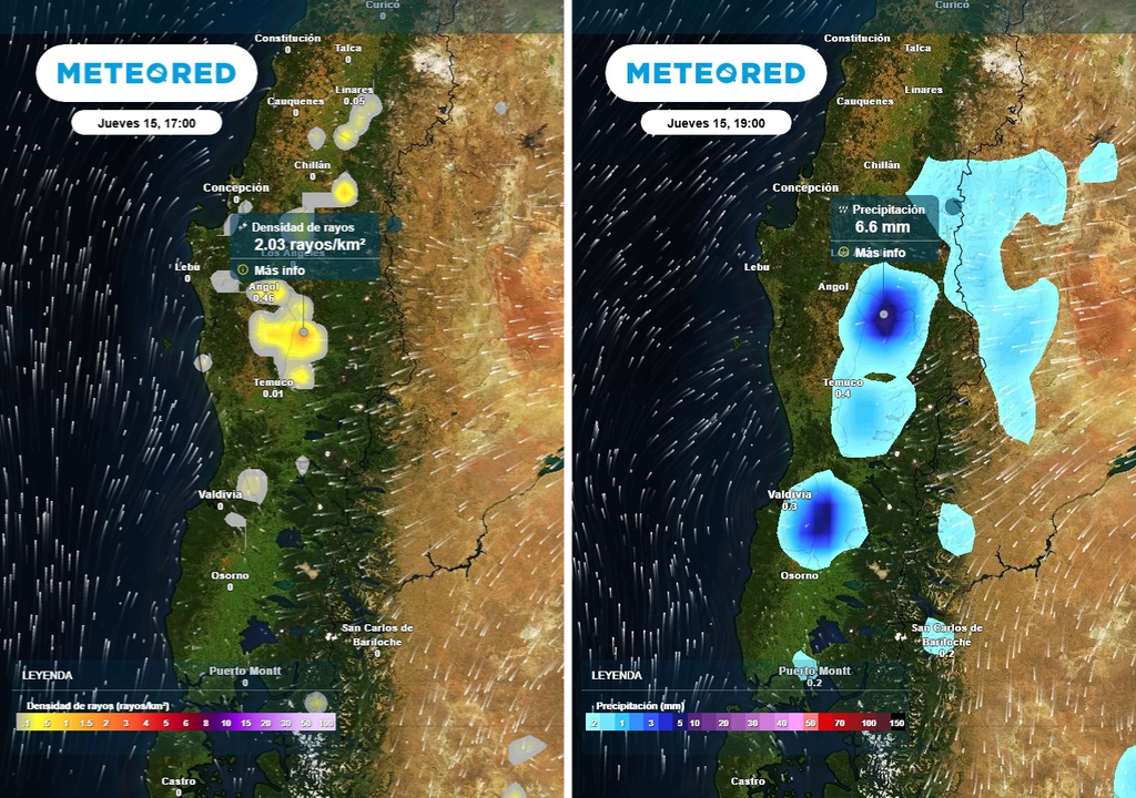 Densidad de rayos (#/km²) -imagen izquierda- y precipitación (mm) -imagen derecha- para la tarde del jueves (15) en Chile centro-sur.