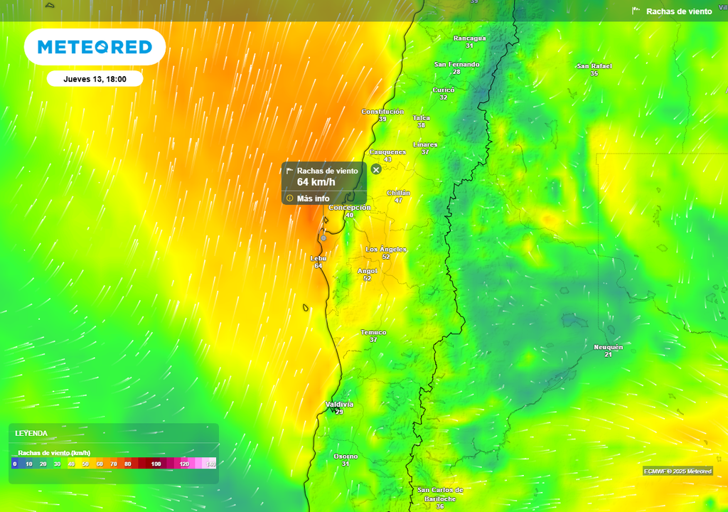 Viento Puelche de 60 km/h para la Región de Biobío, Meteored, Chile