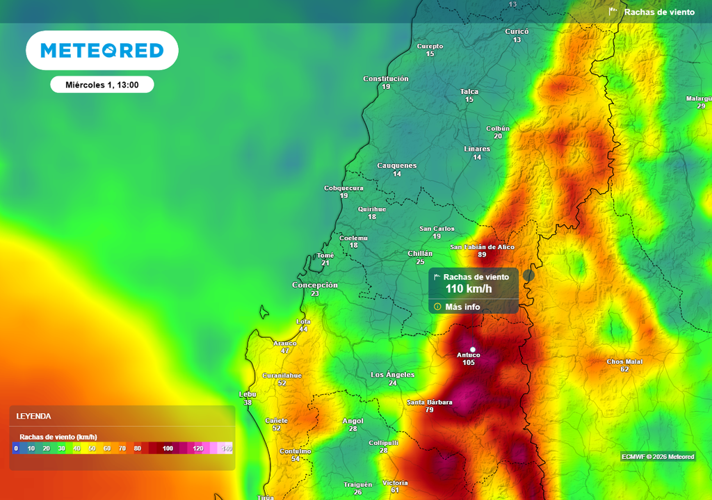 Sectores de la región del Biobío podrían registrar hasta rachas de viento que alcancen los 110 km/h.