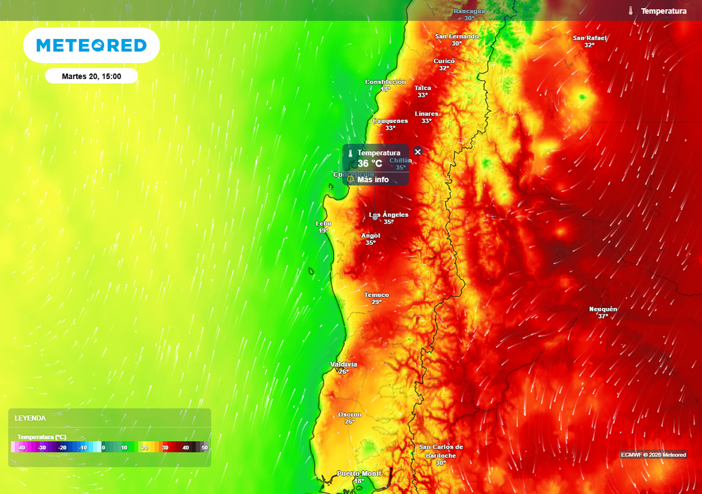 Temperatura máxima (°C) para el martes 20 de enero 2026 en Chile centro sur.