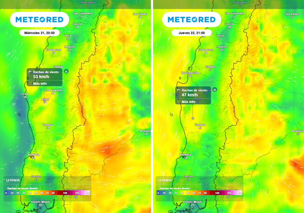 Rachas de viento (km/h) para las noches de los días miércoles (21) -imagen izquierda- y jueves (22) -imagen derecha- de enero 2026 en Chile centro sur.