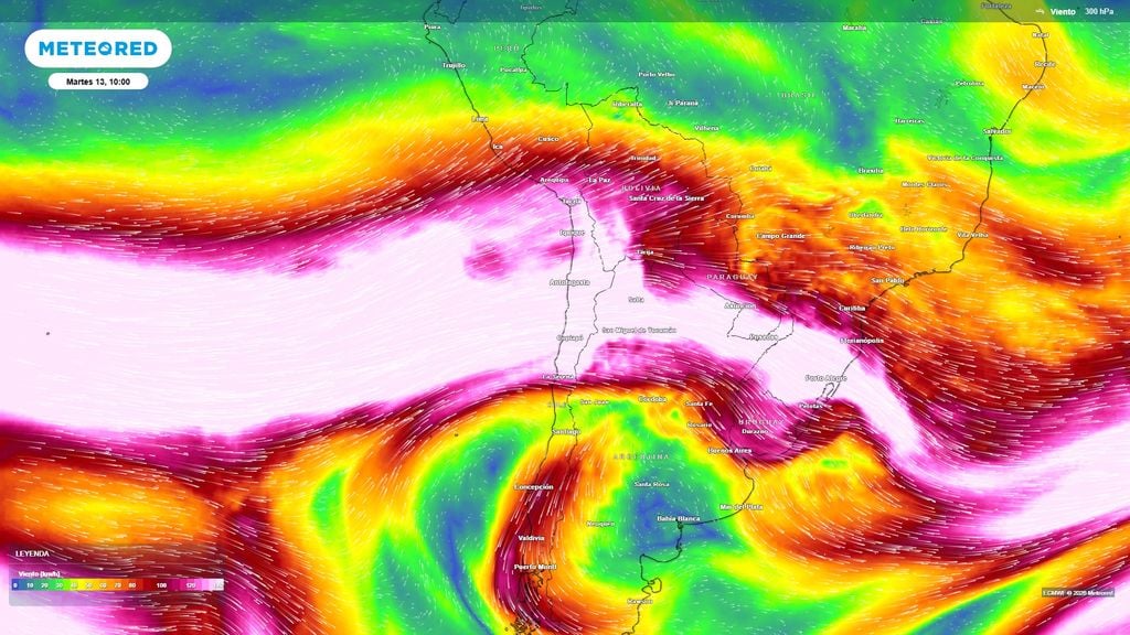 corriente en chorro Vientos fuertes estarán cruzando sobre el norte de Chile en los próximos días. La probabilidad de tormentas de arena es alta.