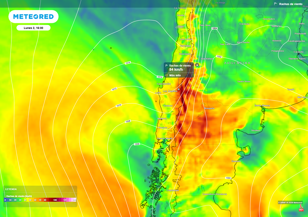 rachas de viento previstas Fuertes rachas de viento se sentirán en la cordillera y precordillera en la tarde del lunes 02 de febrero.