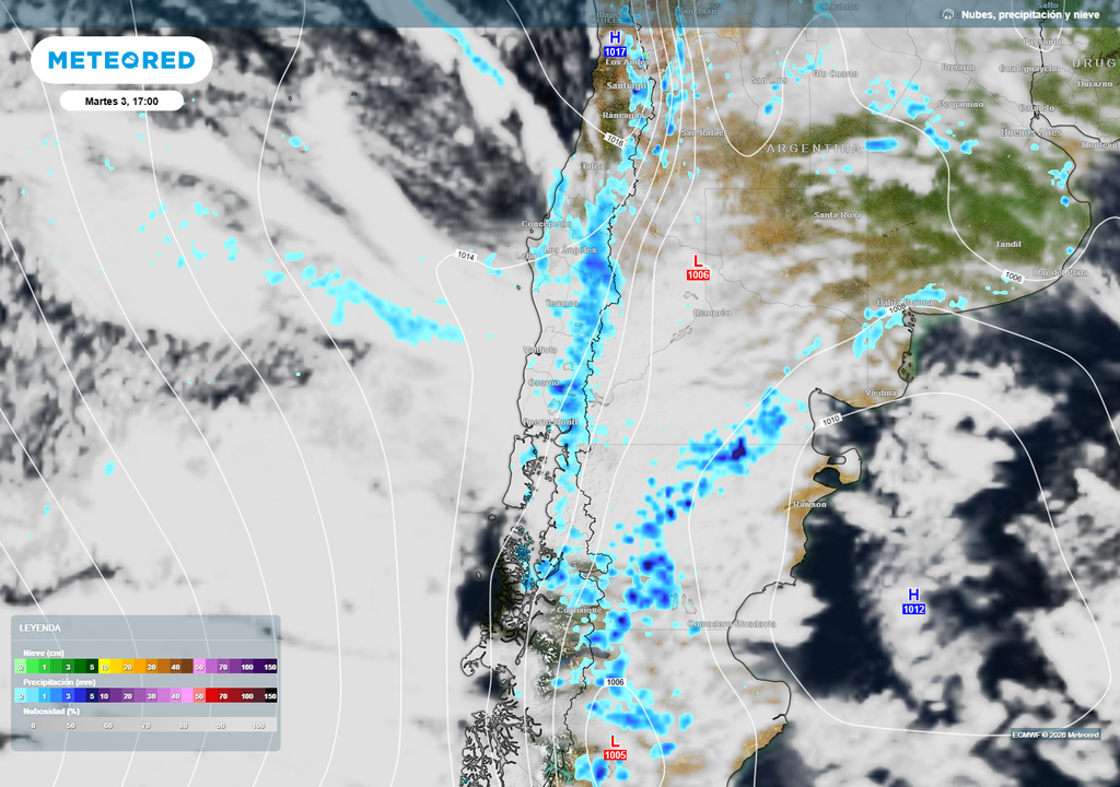 sistema frontal sobre Chile El martes (03), la inestabilidad se mantendrá sobre el centro, sur y parte de la Patagonia, dejando lluvias de variada intensidad sobre esa parte del país.