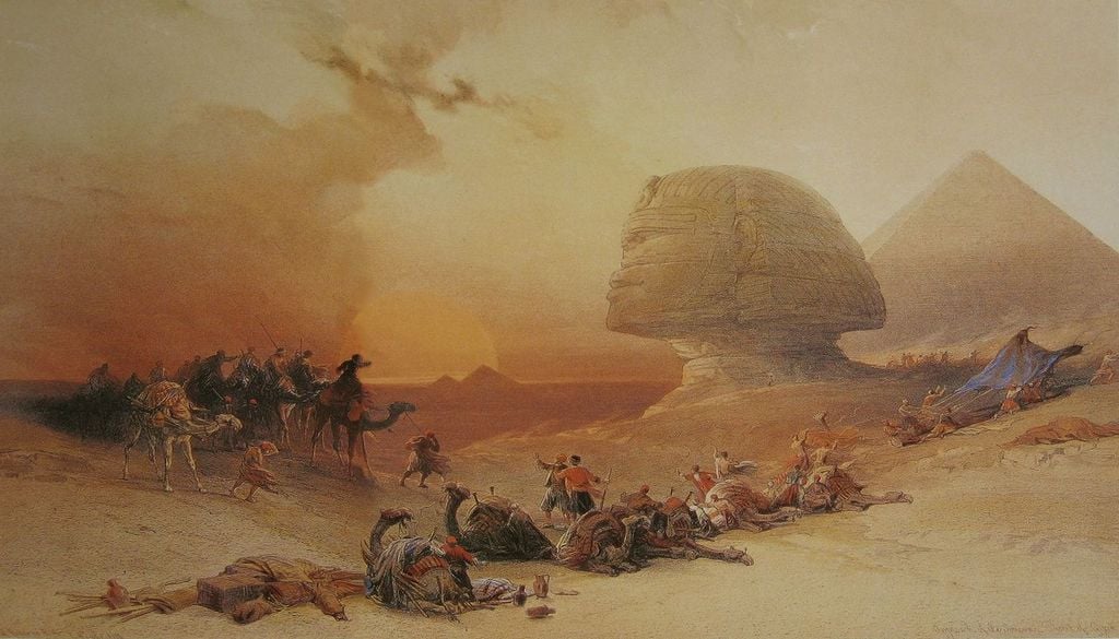 Aproximación del simún, desierto de Guiza (1846-1849). Litografía de Loius Haghe elaborada a partir de una acuarela de David Roberts, pintada en 1838.