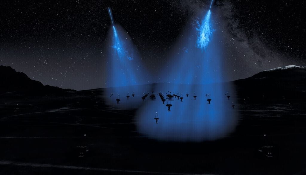 Wenn Gammastrahlen aus dem Universum in die Erdatmospäre eintreten, kommt es zu Teilchenschauern. Diese lösen sehr kurze, nur Sekundenbruchteile dauernde blaue Lichtblitze aus. Diese Tscherenkow-Strahlung kann von den Teleskopen des CTAO gemessen werden. Wenn Gammastrahlen aus dem Universum in die Erdatmospäre eintreten, kommt es zu Teilchenschauern. Diese lösen sehr kurze, nur Sekundenbruchteile dauernde blaue Lichtblitze aus. Diese Tscherenkow-Strahlung kann von den Teleskopen des CTAO gemessen werden. Bild: Pekic/CTAO