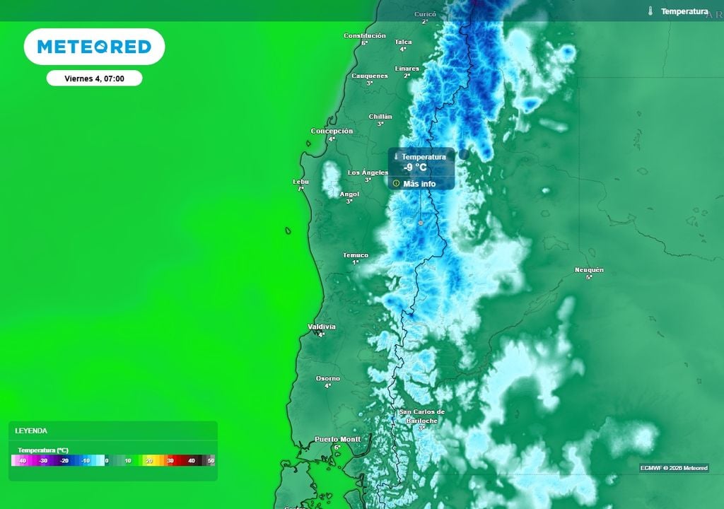 Temperatura mínima (°C) para el viernes (04) en Chile centro-sur.