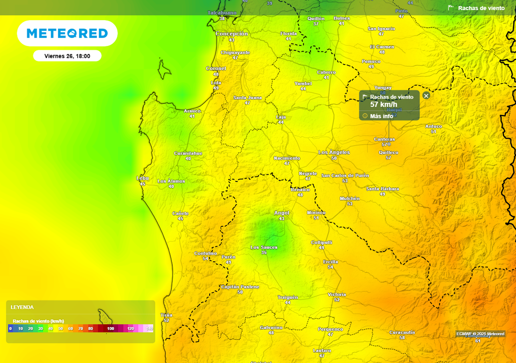 Fuerte viento en la Región de Biobío, Meteored, Chile
