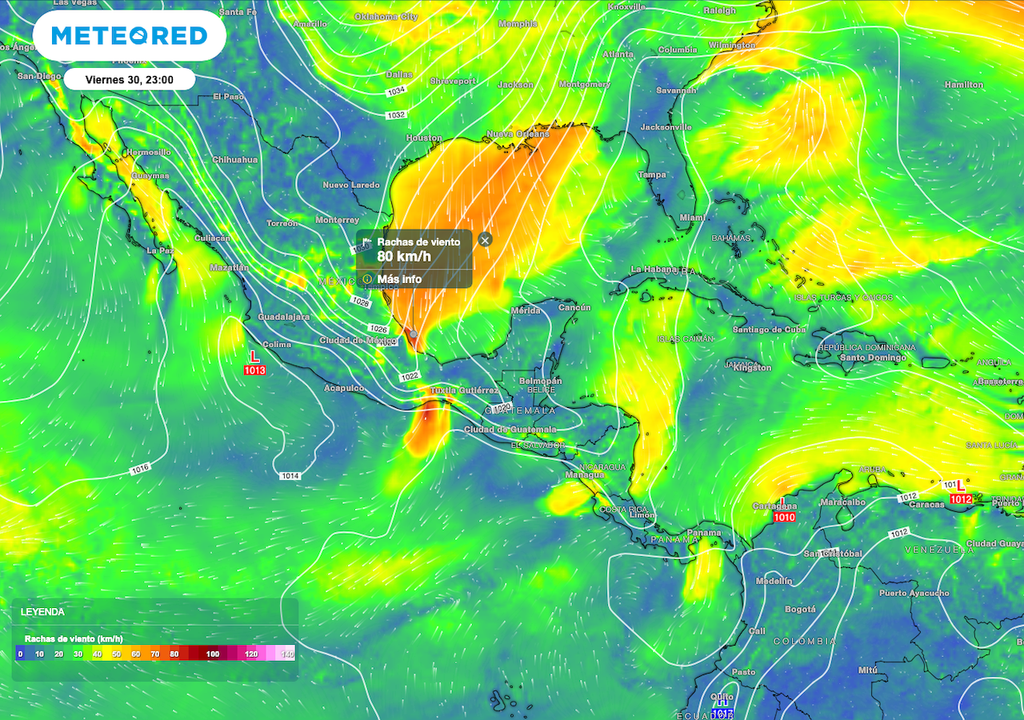 Rachas de 80 a 90 km/h que se registran en el sur de Veracruz, Istmo y Golfo de Tehuantepec que contempla a los estados de Oaxaca y Chiapas.
