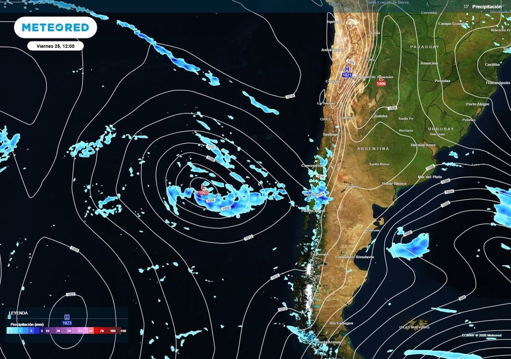 lluvias previstas Luego de la inestabilidad del postfrontal, que dejará chubascos sobre el sur de Chile el viernes 25, llegará un ciclón extratropical (baja presión) con más lluvias durante el fin de semana.