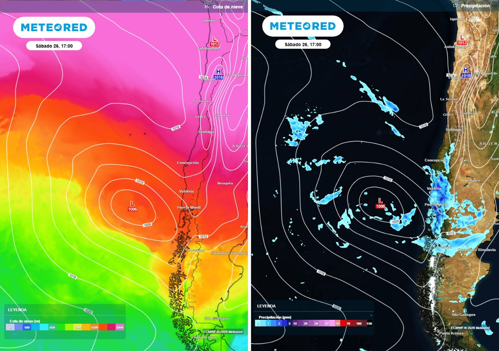 cota de nieve y lluvias previstas Las lluvias con isoterma elevada seguirán ocurriendo en el sur durante el fin de semana. De esta vez, sin río atmosférico. Serán precipitaciones dentro de los rangos normales.