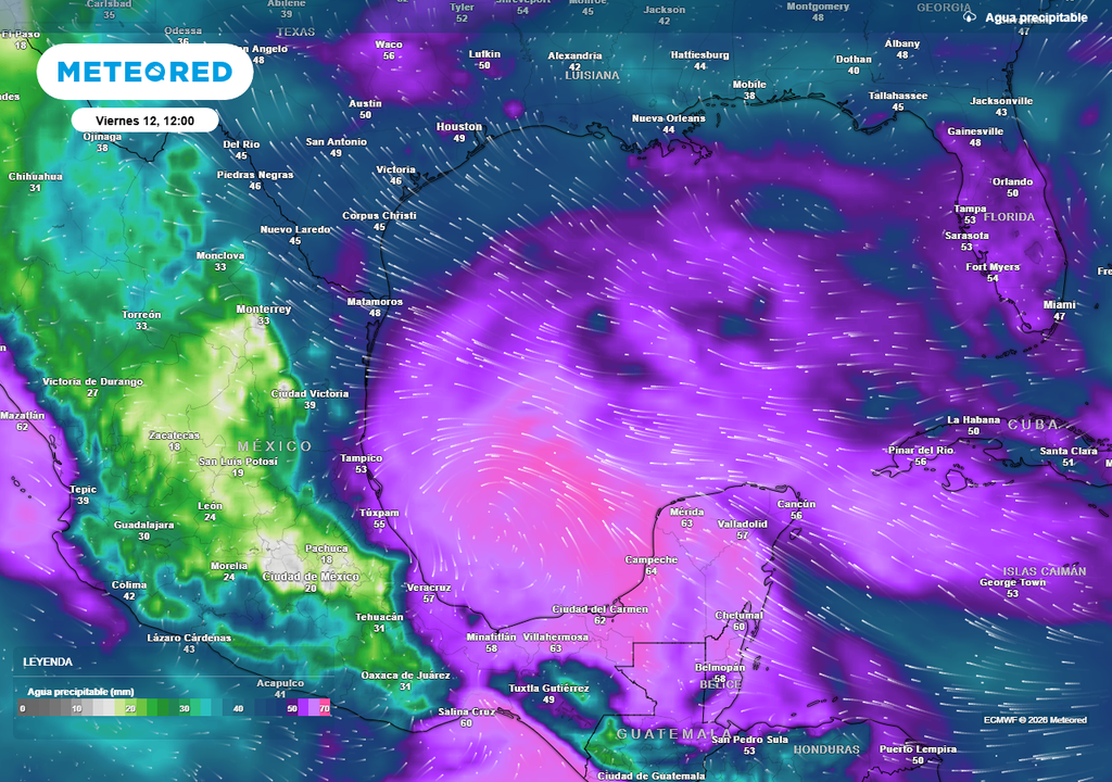 Pronóstico de agua precipitable en milímetros La humedad tropical seguirá llegando al país con una extensa circulación en el Golfo de México, el Monzón en el noroeste y la franja central generándose lluvias fuertes a intensas.