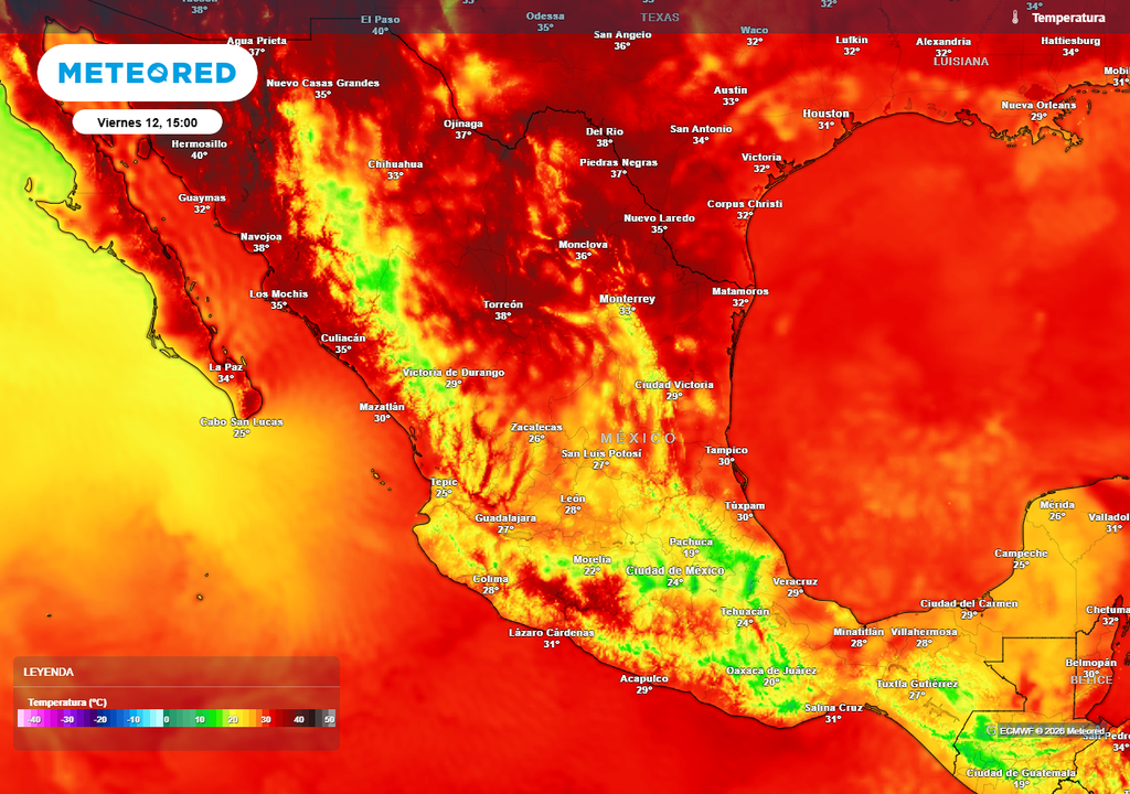 Pronóstico de temperaturas máximas en grados Celsius El intenso calor persistirá en todo el norte con 35-45 °C, refrescándose en estados del centro, sur y hasta el sureste con máximas de 20-30 °C, disminuyendo posterior a las lluvias.