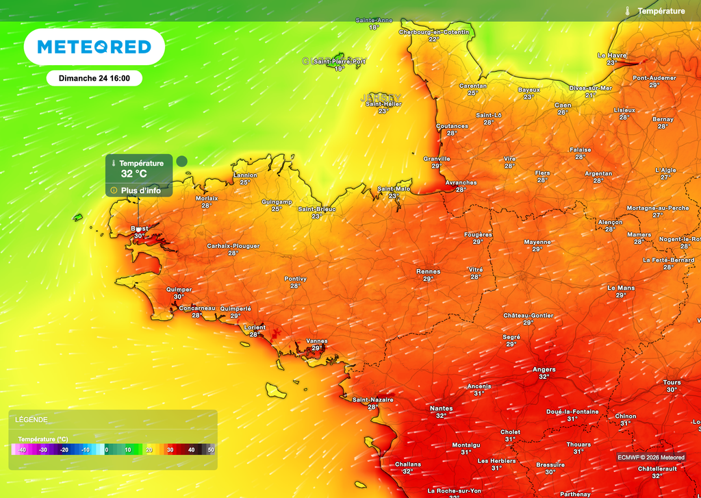 Plus de 30°C envisageables localement demain en Bretagne, notamment vers le Finistère !