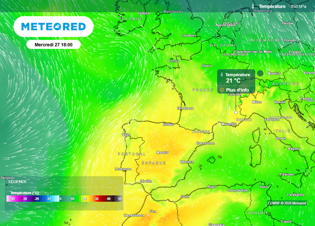 Températures 850 hPa Les températures dépasseront les 20°C à 850 hPa dans les prochains jours sur la France, ce qui serait élevé même en plein été !