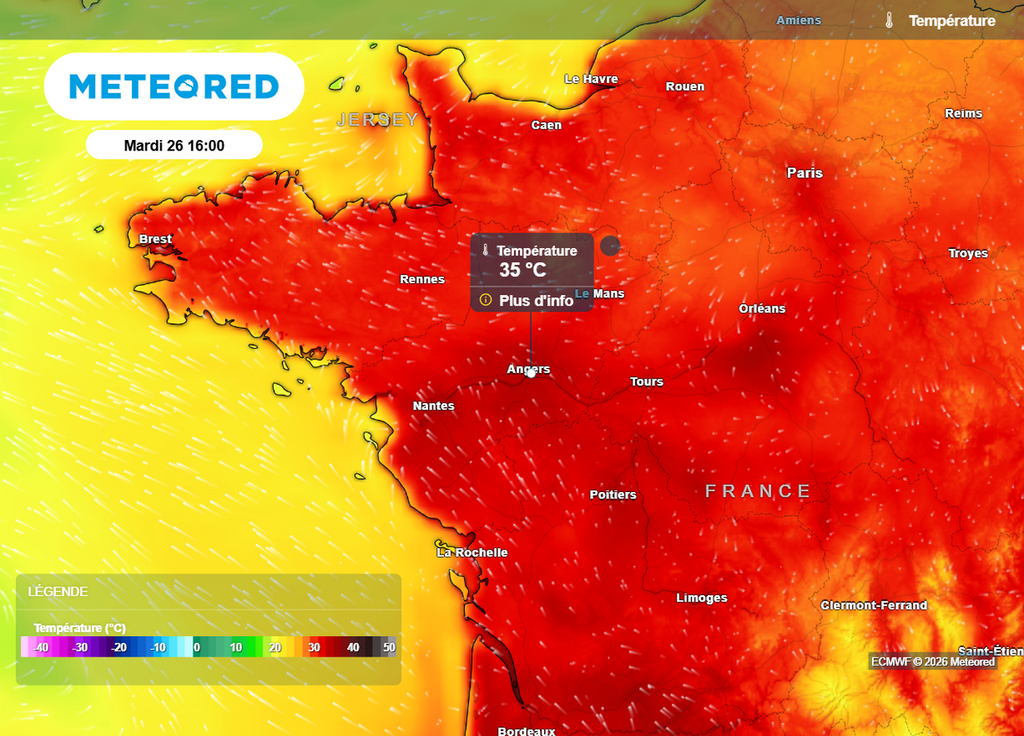Maximales nord-ouest Les températures seront caniculaires cet après-midi sur le nord-ouest avec des valeurs parfois situées 12 à 15°C au-dessus des normales d'une fin mai !