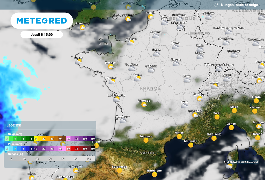 Conditions météorologiques prévues ce jeudi après-midi en France.