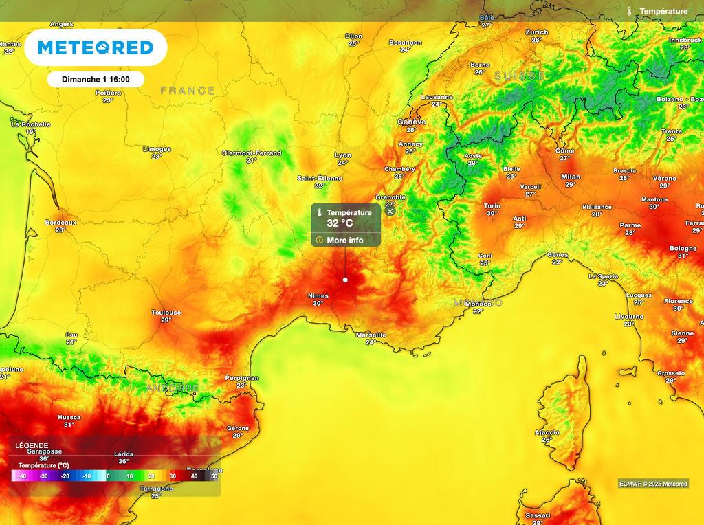 De fortes chaleurs persisteront en basse vallée du Rhône. De l'air plsu frais arrive par le nord-ouest, ce qui explique le risque orageux dans le Centre-Est. De fortes chaleurs persisteront en basse vallée du Rhône. De l'air plsu frais arrive par le nord-ouest, ce qui explique le risque orageux dans le Centre-Est.