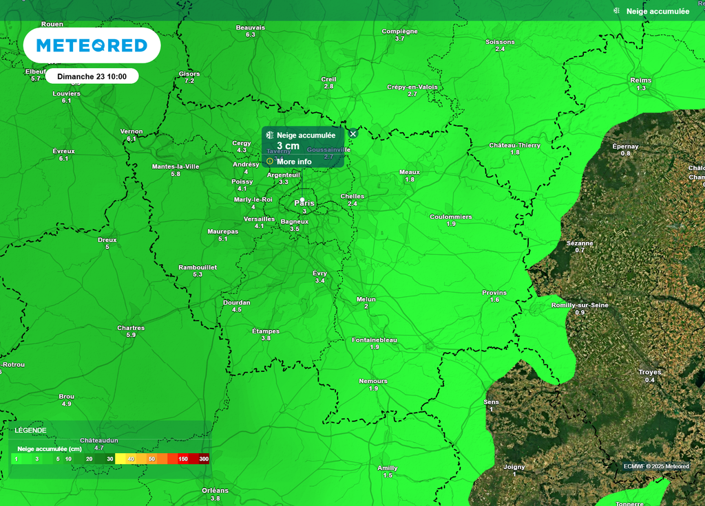 Neige accumulée Paris et Île-de-France dimanche matin