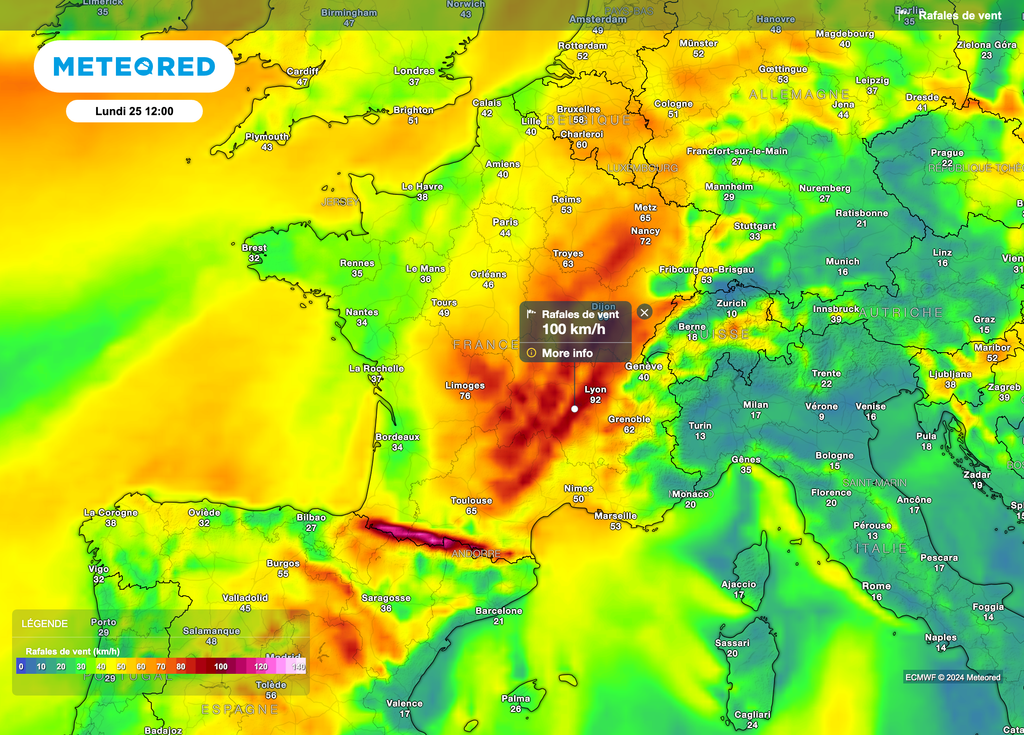 Des vents tempétueux sont attendus en direction du Massif Central. Des vents tempétueux sont attendus en direction du Massif Central.