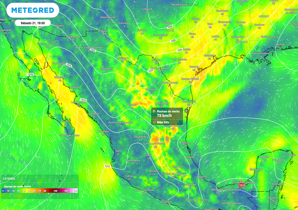 Debido a la masa de aire ártico, se prevén vientos de 40 a 60 km/h con ráfagas de 70 a 80 km/h sobre el área de la Huasteca, al Noreste y parte del Norte de México.