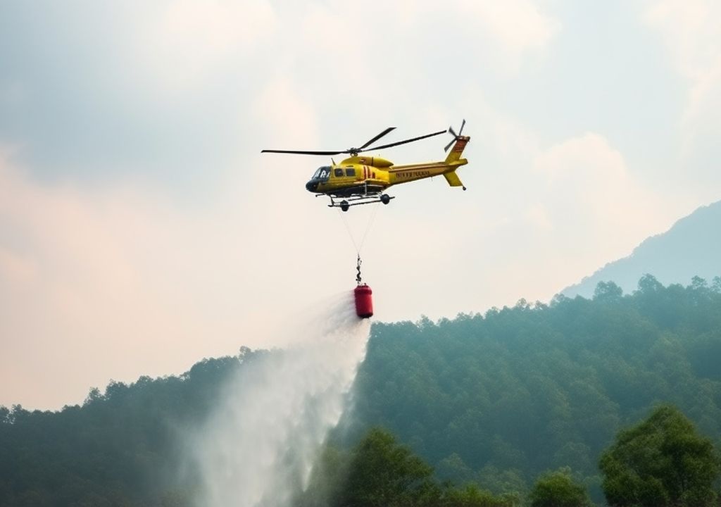 helicóptero amarillo llevando agua hacia un incendio forestal