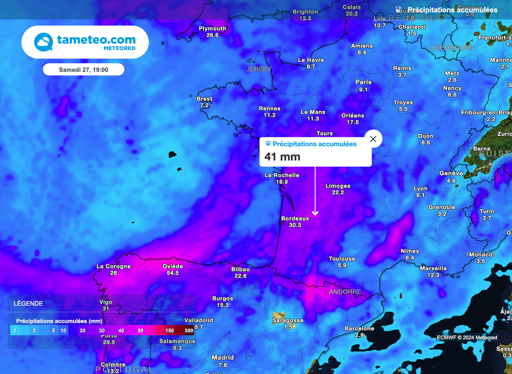 Le quart Sud-ouest de la France est le plus exposé aux passages d'averses orageuses voire orages d'ici samedi après-midi.