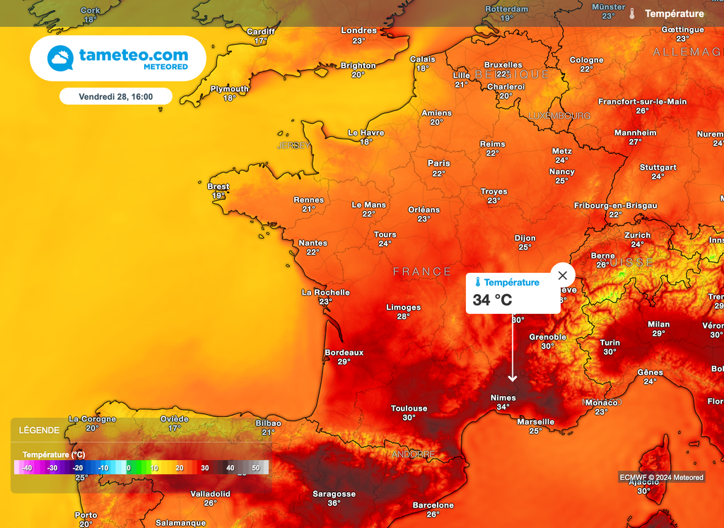 Fortes chaleurs se concentrant dans la moitié sud demain vendredi.