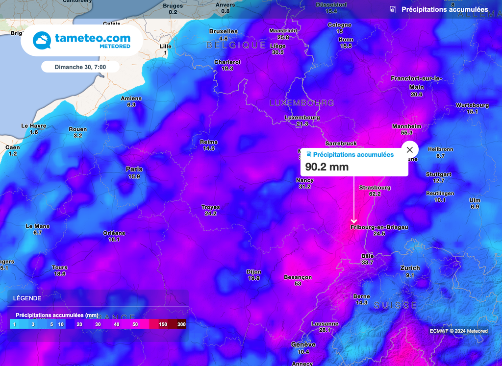 De orages qui s'annoncent aussi très pluvieux. Sur le massif des Vosges, 90mm de pluie sont annoncés.