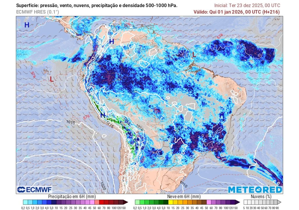 Previsão de pressão, ventos, nebulosidade e precipitação no final do dia 31 de dezembro.