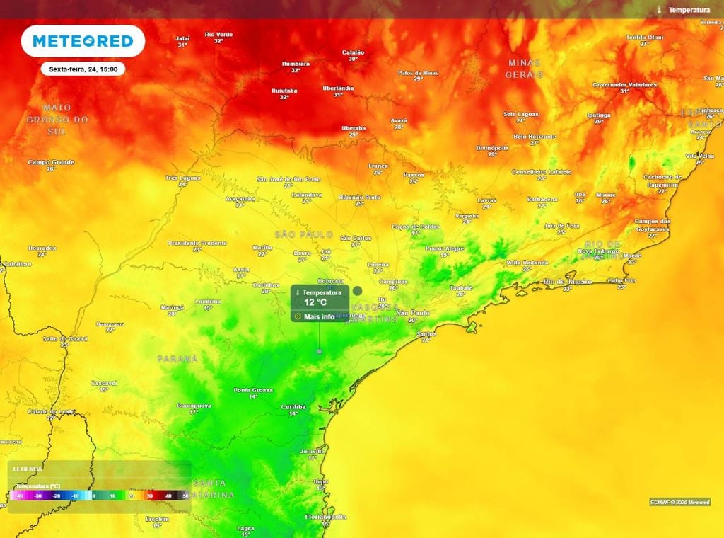 Previsão da temperatura máxima do ar (em °C) para a sexta-feira (24), segundo o modelo europeu ECMWF.