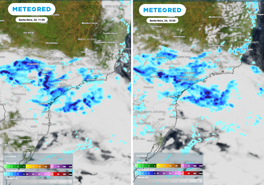 Previsão de precipitação (em mm) e nebulosidade (tons cinzas/brancos) para sexta-feira (24) às 11h à esquerda e paras às 15h à direita, segundo o modelo europeu ECMWF.
