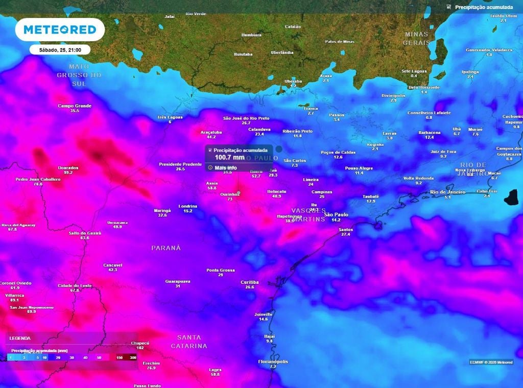 Previsão da precipitação acumulada (em mm) até a noite (21h) de sábado (25), segundo o modelo europeu ECMWF.