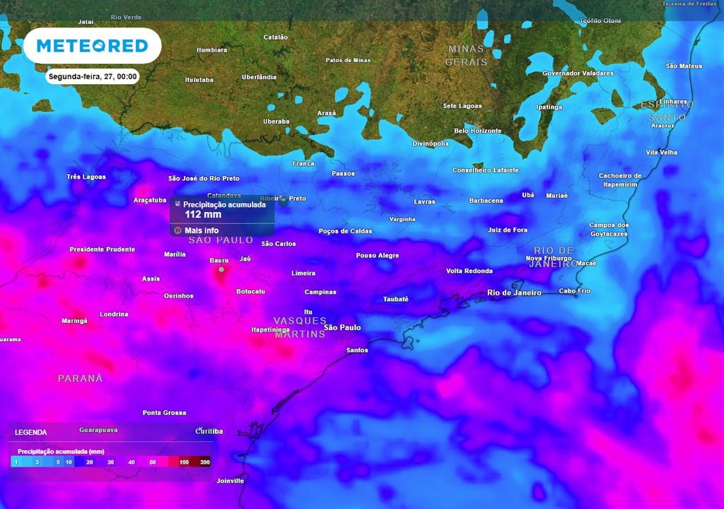 Previsão de acumulados totais de chuva até o final do domingo ilustra quais regiões serão afetadas pelas pancadas de chuva, com destaque para SP, onde os acumulados passam dos 100 mm.
