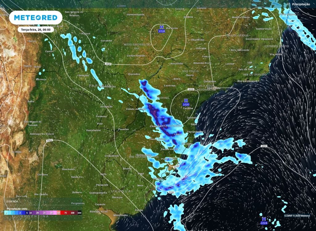 Previsão de precipitação e pressão a nível médio do mar. Modelo prevê chuvas intensas afetando morados do Paraná, Santa Catarina e Rio Grande do Sul, na manhã desta terça-feira (26).
