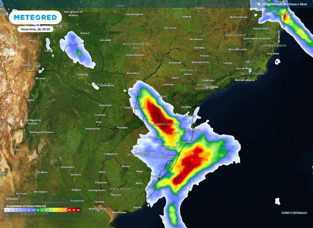 Probabilidade de precipitação para a madrugada desta terça-feira (26). Probabilidade de precipitação para a madrugada desta terça-feira (26), segundo o modelo ECMWF.