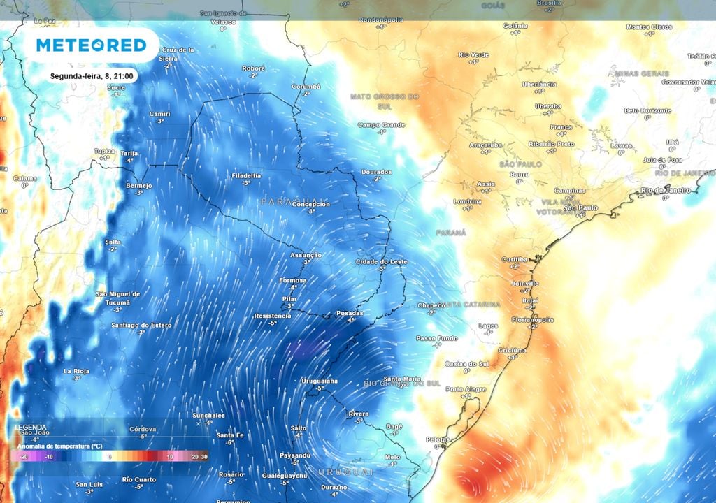 Previsão de anomalia de temperaturas em 850 hPa na segunda-feira de noite. Previsão de anomalia de temperaturas em 850 hPa na segunda-feira de noite mostra uma massa de ar frio começando a avançar pelo Brasil na retaguarda da frente fria ocasionada pelo ciclone.