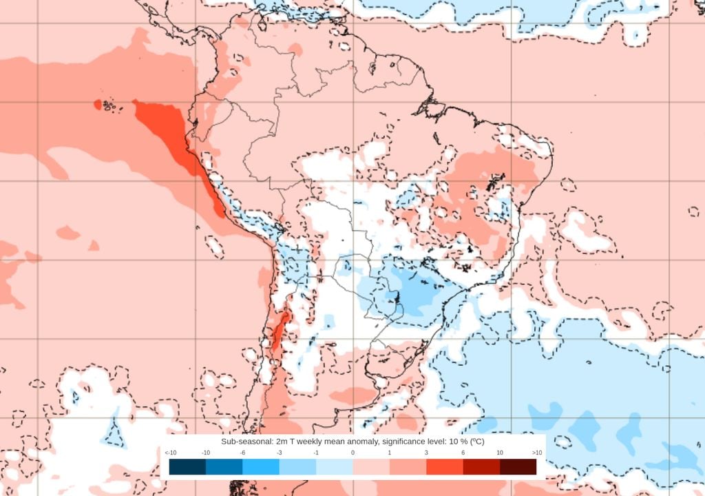 Previsão de anomalias de temperaturas entre os dias 8 e 15 de Junho. Previsão de anomalias de temperaturas entre os dias 8 e 15 de Junho ilustra a atuação da nova massa de ar frio que avançará sobre o Brasil ao longo de toda a semana que vem. (ECMWF)