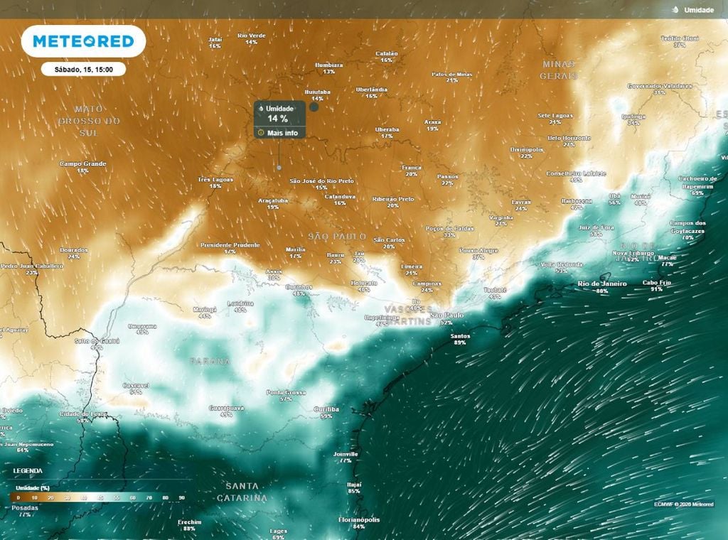 Previsão da umidade relativa do ar (%) para sábado (15) à tarde (15h), segundo o modelo europeu ECMWF.