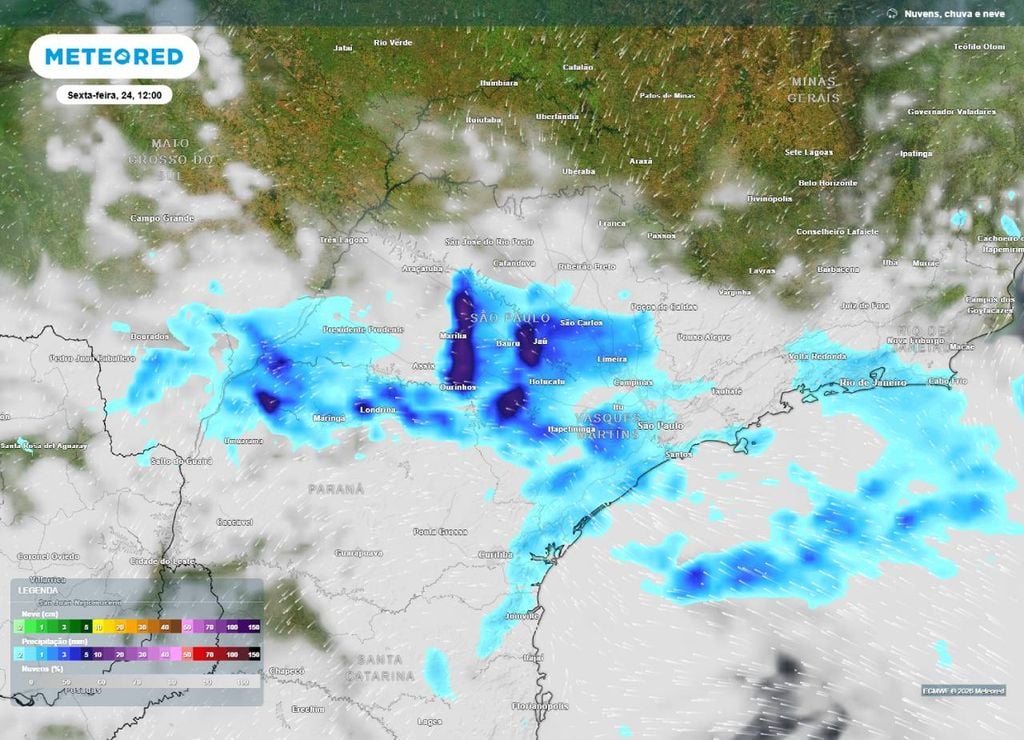 Previsão de precipitação (em mm) e nebulosidade (tons cinzas/brancos) para a sexta-feira (24) ao meio-dia (12h), segundo o modelo europeu ECMWF.