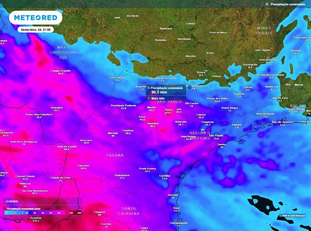 Previsão da precipitação acumulada entre hoje (20) e a noite (21h) de sexta-feira (24), segundo o modelo europeu ECMWF.