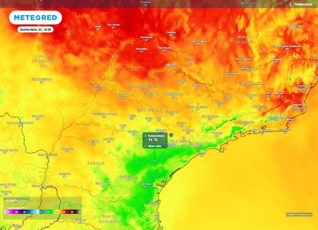 Previsão da temperatura do ar (em °C) para a tarde (16h) de quinta-feira (23), segundo o modelo europeu ECMWF.