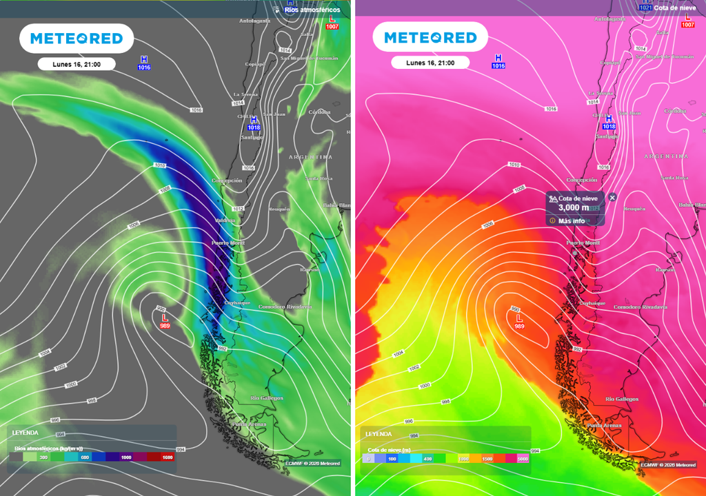 Las primeras lluvias caerán con una isoterma que rondará los 2.500 a 3.000 m de altitud. Un río atmosférico se encargará de incrementar las lluvias de este sistema frontal.