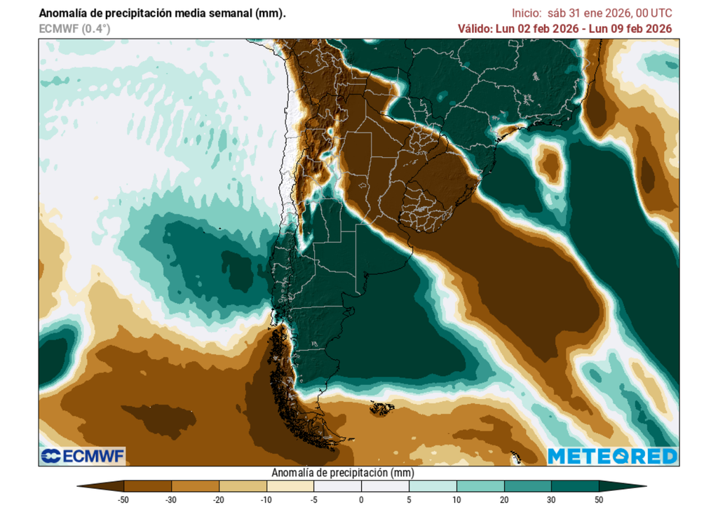 Anomalía semanal de precipitación (mm) del 02 al 09 de febrero 2026. Sobre los valores climatológicos normales (tonos verdes), bajo los valores climatológicos normales (tonos marrones) y en torno a los valores climatológicos normales (color blanco).
