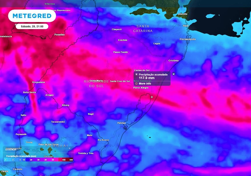Previsão de acumulados totais até o final do Sábado mostra que os volumes de chuva podem ultrapassar os 100 mm já neste feriado em alguns municípios do Rio Grande do Sul.