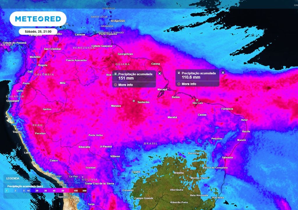 Previsão de acumulados totais até o final do Sábado mostra que os volumes de chuva também podem ultrapassar os 100 mm no litoral norte do país e também em estados da região Norte.