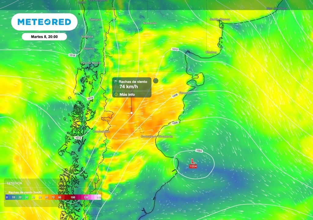 Ventoso DOS Durante el martes 8 un apretamiento de las isobaras producirá viento intenso especialmente sobre la provincia de Santa Cruz, alcanzando a Comodoro Rivadavia.