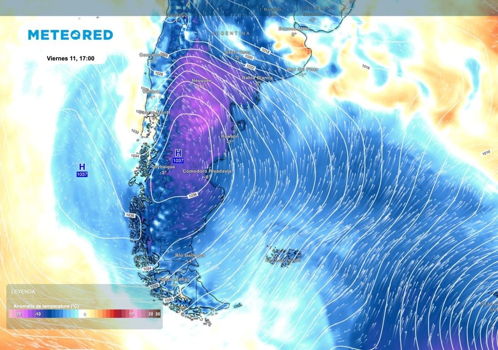 Anomalias de temperatura Las anomalías de temperatura para el viernes 11 muestran una muy fuerte irrupción de aire frío avanzando sobre toda la Patagonia.