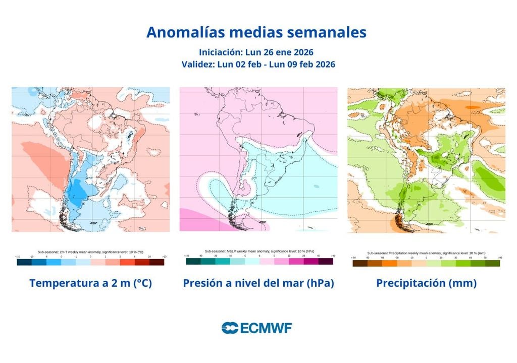 mapas semanales de anomalías medias Según indican las proyecciones del ECMWF, se prevé que la primera semana de febrero esté algo más fresca que lo habitual y no se descartan la presencia de inestabilidad atmosférica y probables precipitaciones en la zona central, incluyendo la capital.
