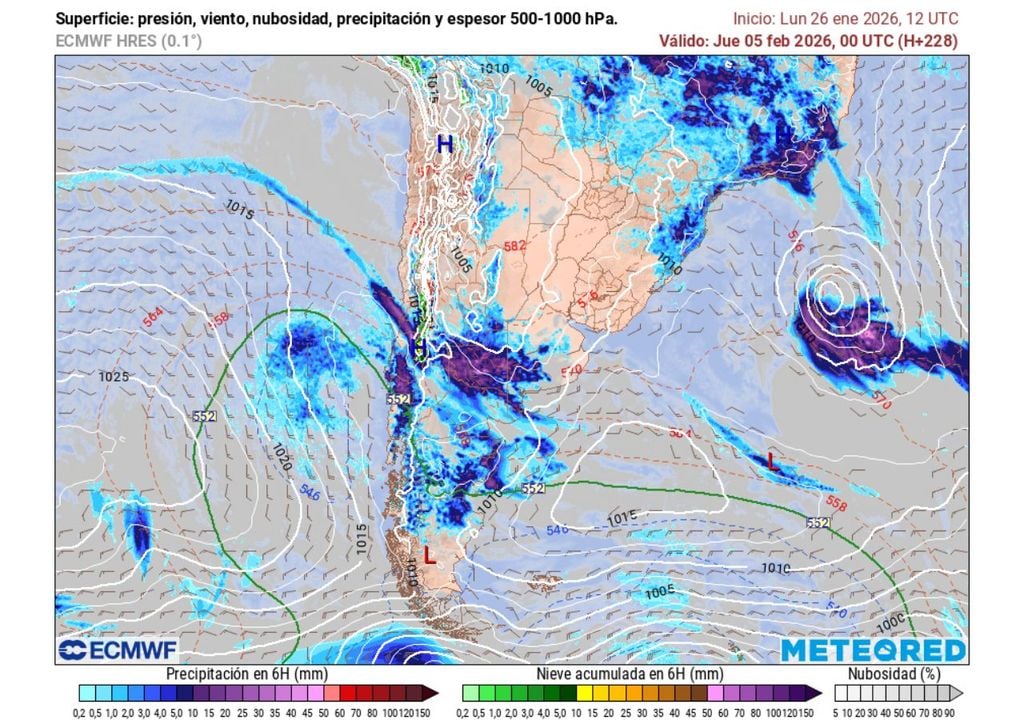 carta de presión en superficie y espesor 500-1000 hPa En la carta se aprecia un posible pulso de inestabilidad para mediados de la próxima semana, entre el miércoles 4 y el jueves 5, lo que ocasionaría precipitaciones.